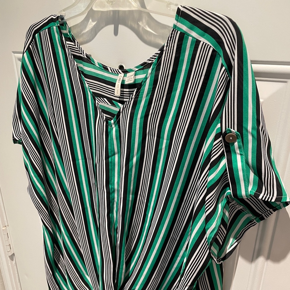 Cato Striped Front Knot High Low Top, Size 22/24W (3X), Green White Black Flowy - Picture 7 of 9